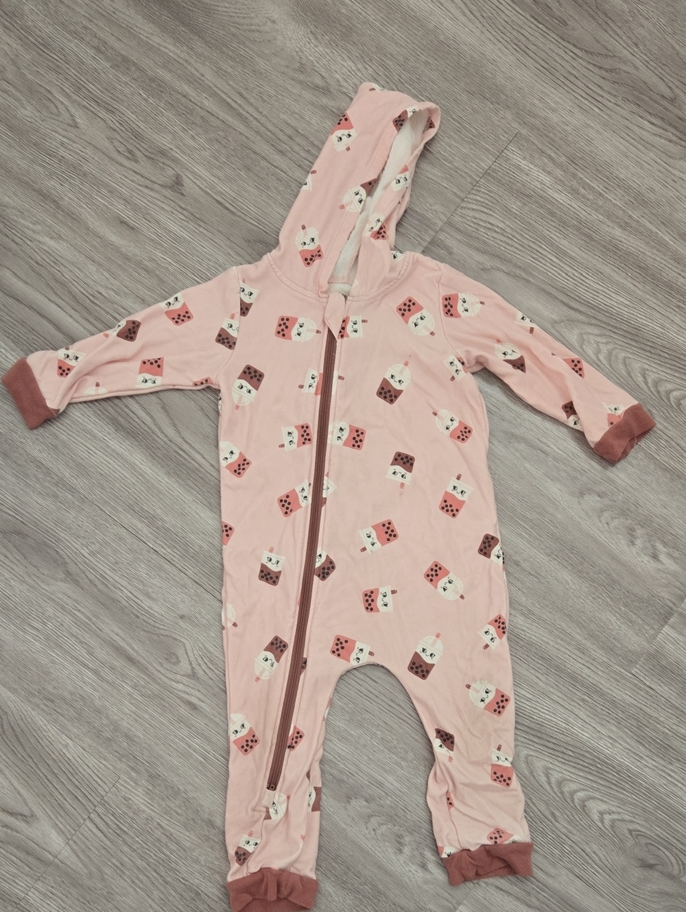 Girls' Pink Hooded One-Piece Romper with Ice Cream Motif
